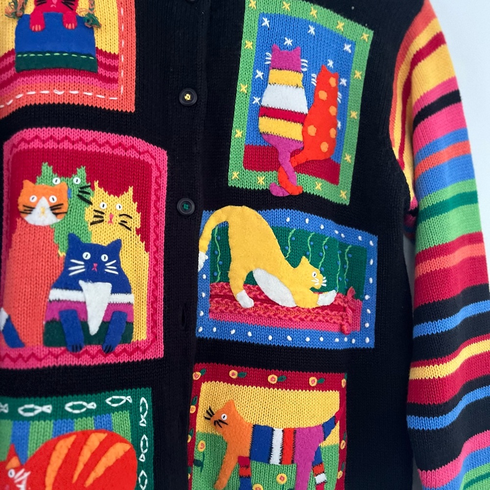 Susan Bristol Petites Colorful Black Embroidered Cats Sweater Cardigan Sz PLarge - Picture 6 of 12